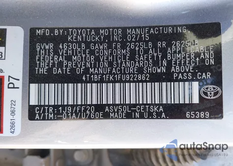 2015 Toyota Camry Se из США, поврежденный, VIN 4T1BF1FK1FU922862